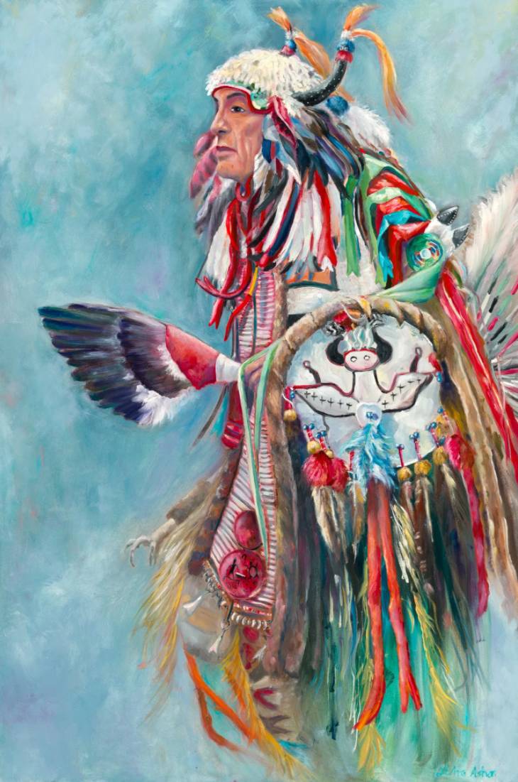 Oil painting of indigenous man in traditional attire by Le'Ana Asher titled Buffalo Shield Medicine